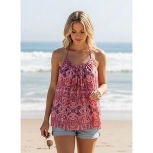 Lucky Brand Paisley Boho Camisole Tank Top Womens XS Coral Pink Racerback Gypsy